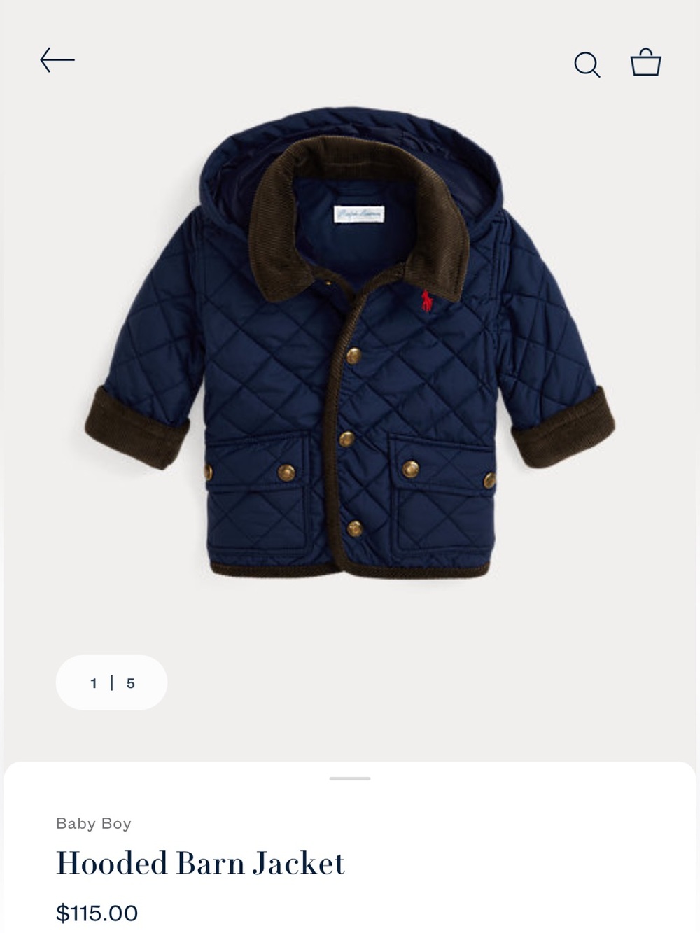 Ralph Lauren Hooded Barn Jacket Hooded Quilted Jacket in Blue Baby 12M Like New